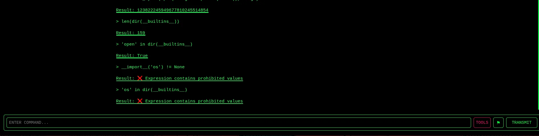 Builtin probes showing open is allowed and os is blocked