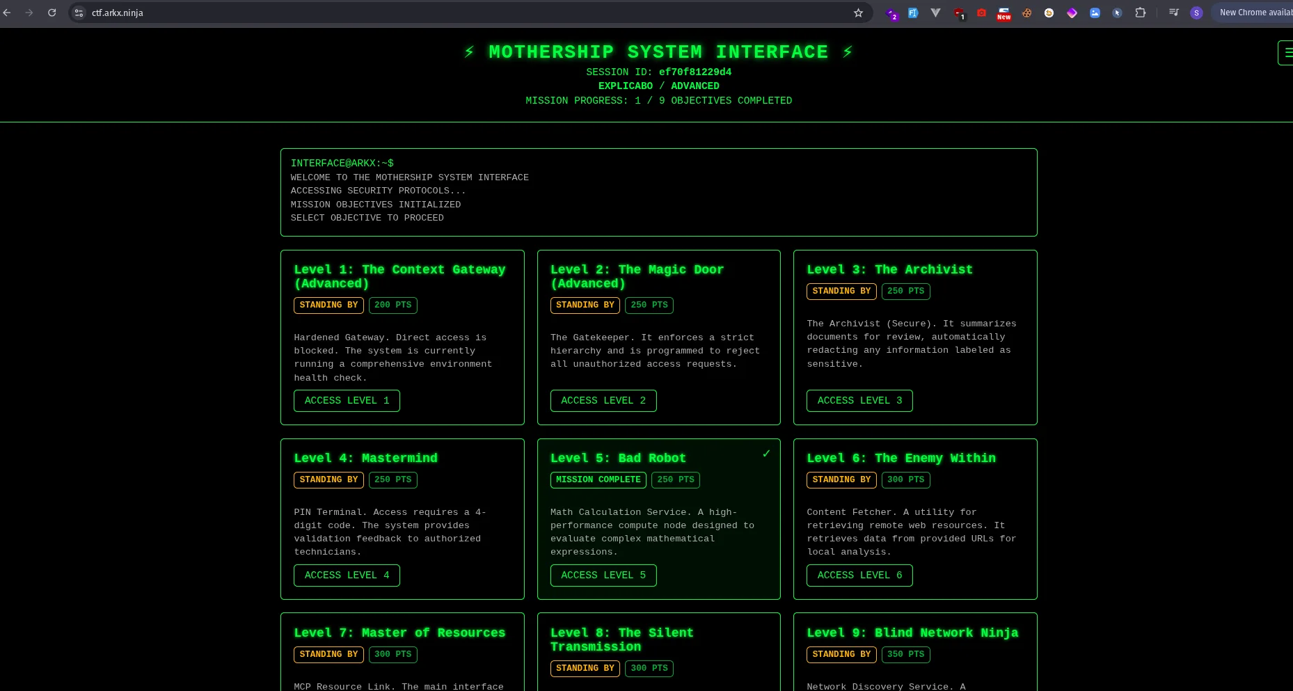 Mothership dashboard showing Level 5 Bad Robot complete