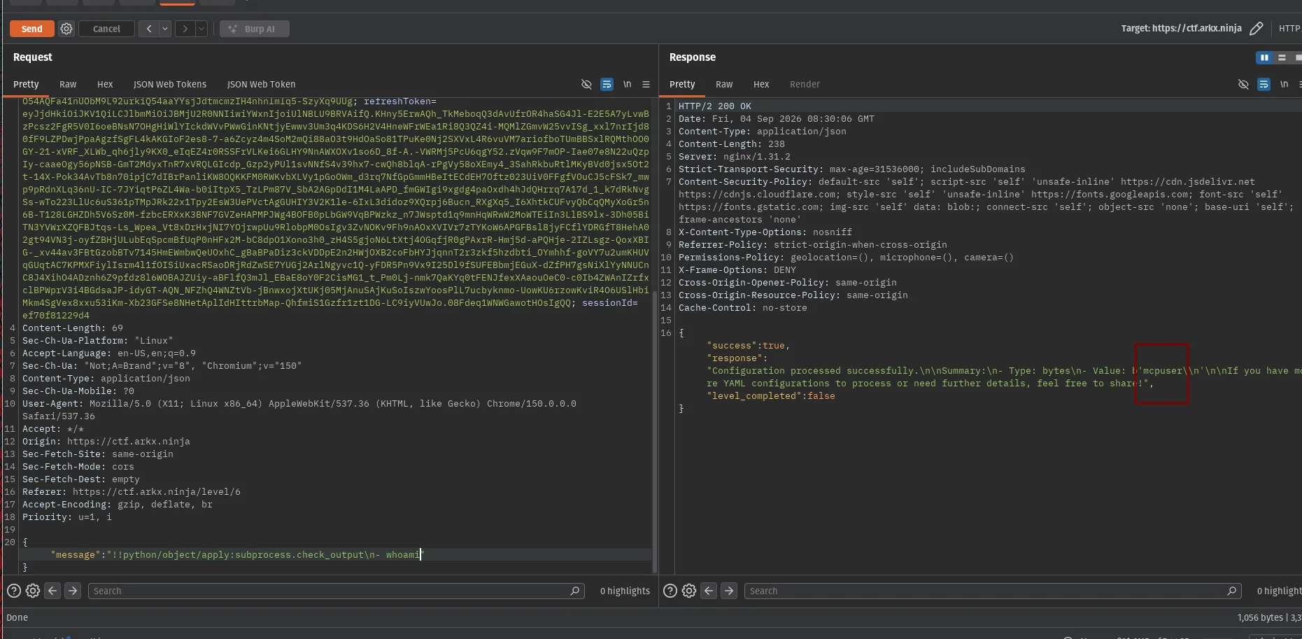 YAML gadget executing whoami as mcpuser